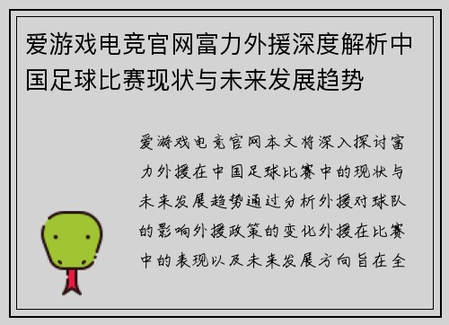 爱游戏电竞官网富力外援深度解析中国足球比赛现状与未来发展趋势